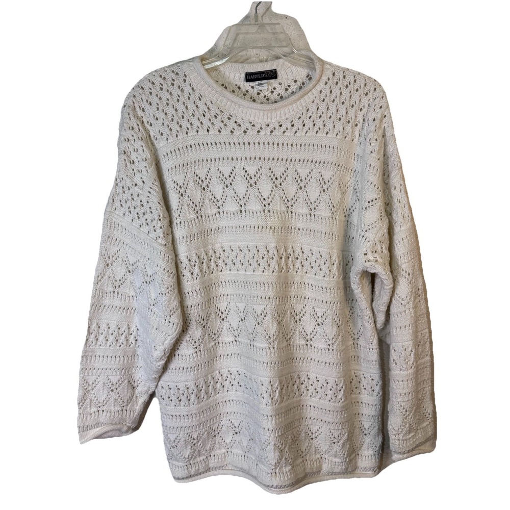 Vintage Harold's Roll Neck‎ Tunic Sweater Womens L Beige Chunky Open Knit USA